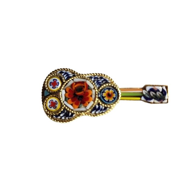 Vintage Italian Micro Mosaic Millefiori Glass Guitar Brooch Pin Flower - Picture 5 of 14